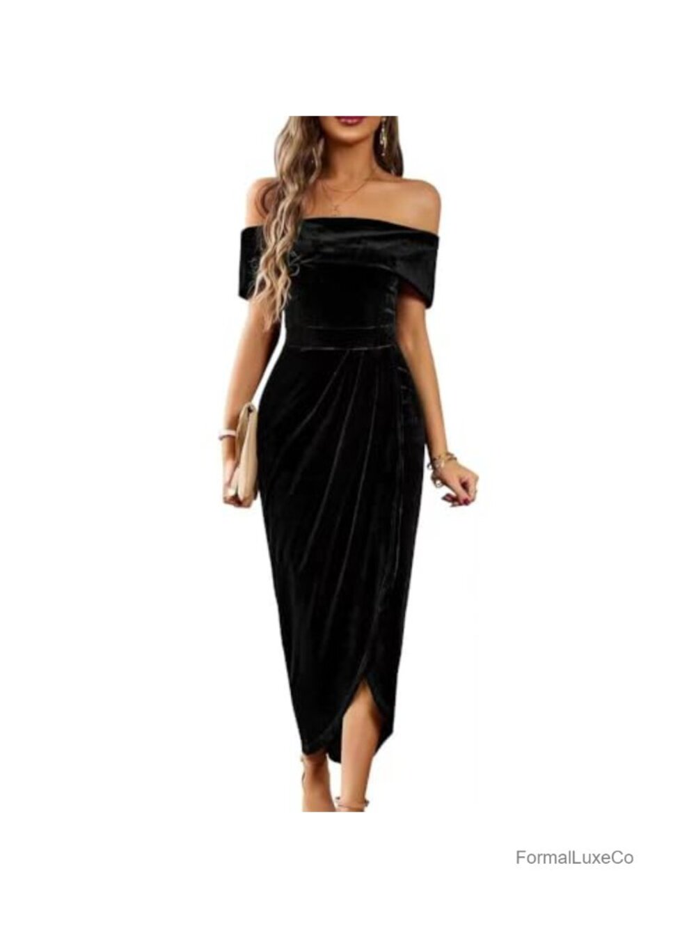 Off Shoulder Velvet Wrap Bodycon Midi Dress with Slit for Women